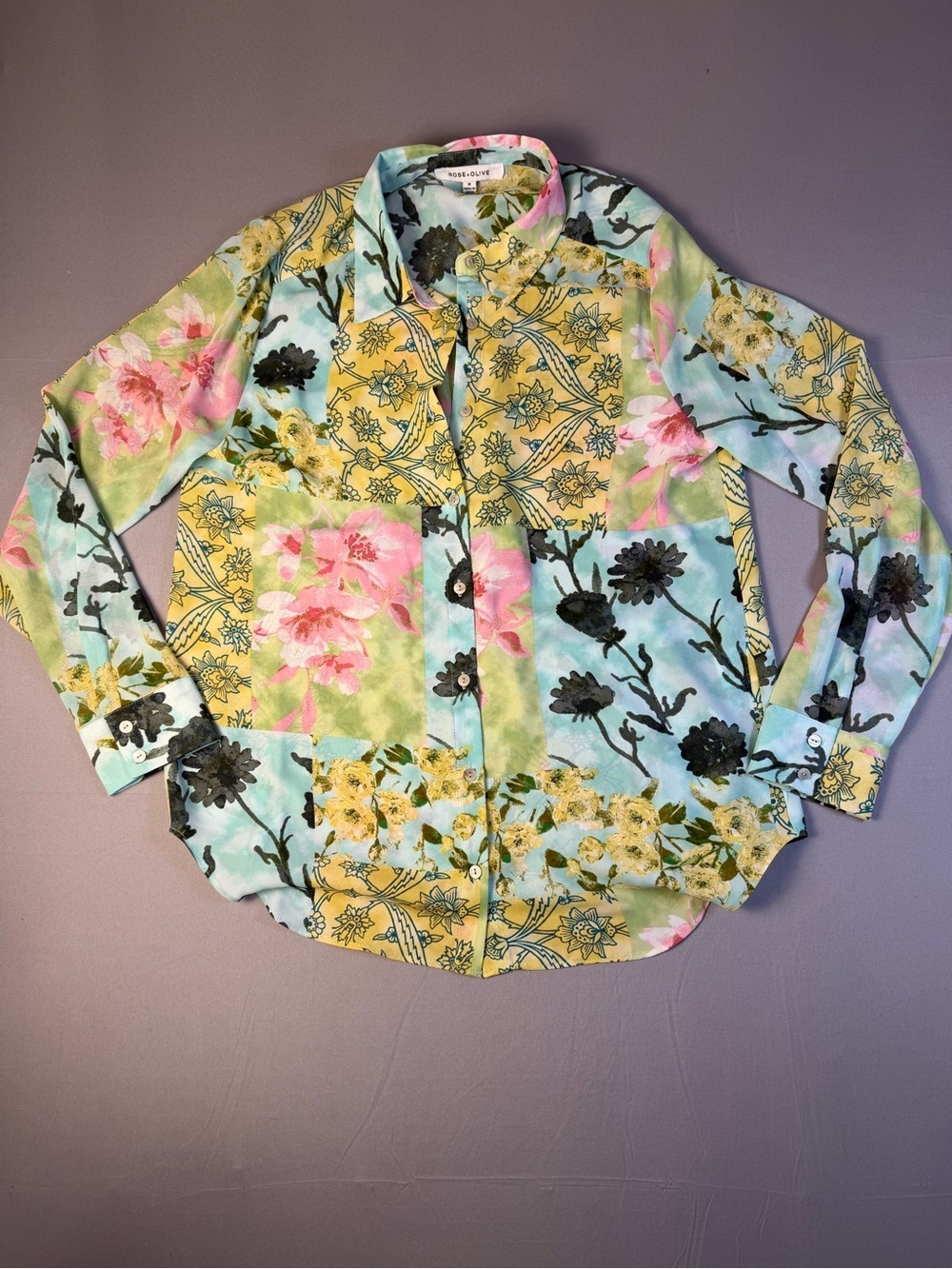 Rose & Olive Pastel Patchwork Boho Floral Collared Button-Up Size Medium NWOT - Picture 9 of 9